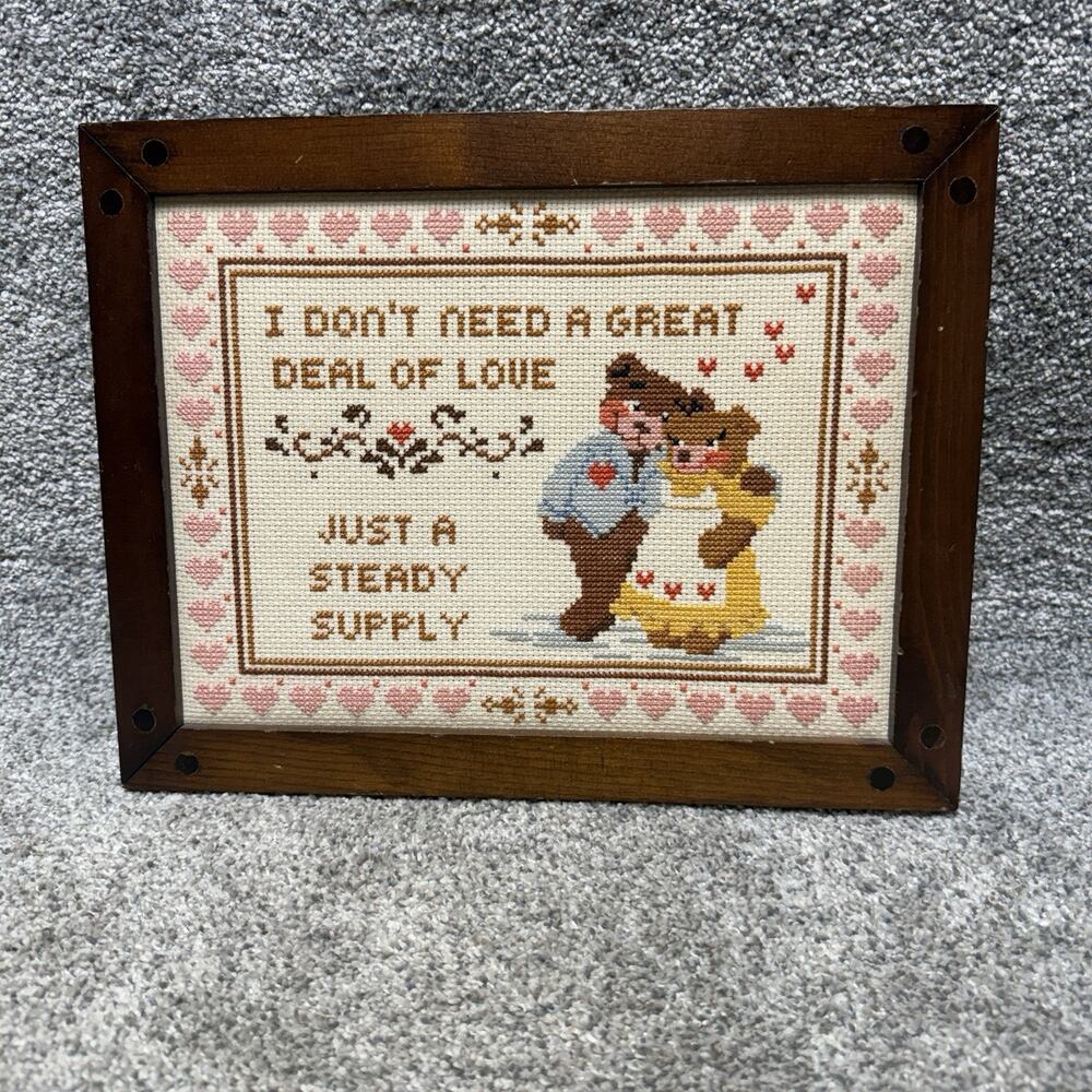 Vintage Framed Cross Stitch Teddy Bears Love Hearts Folk Art Needlepoint Sampler